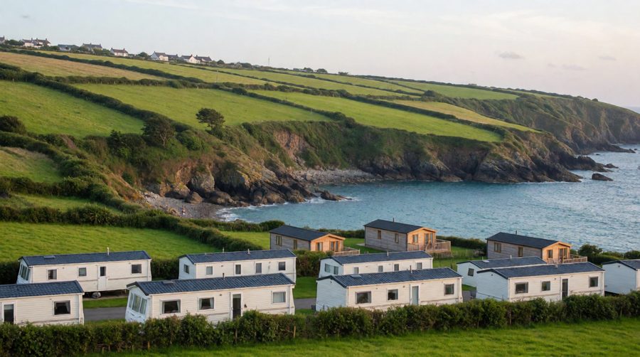 Static caravans and lodges sit on the green hills above the coves near Polperro