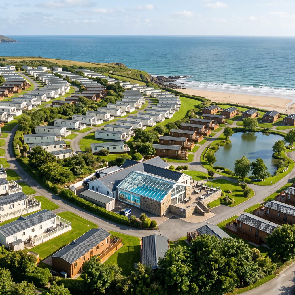 Aerial view of a UK holiday park with caravans, lodges, a lake and a pool beside the sea