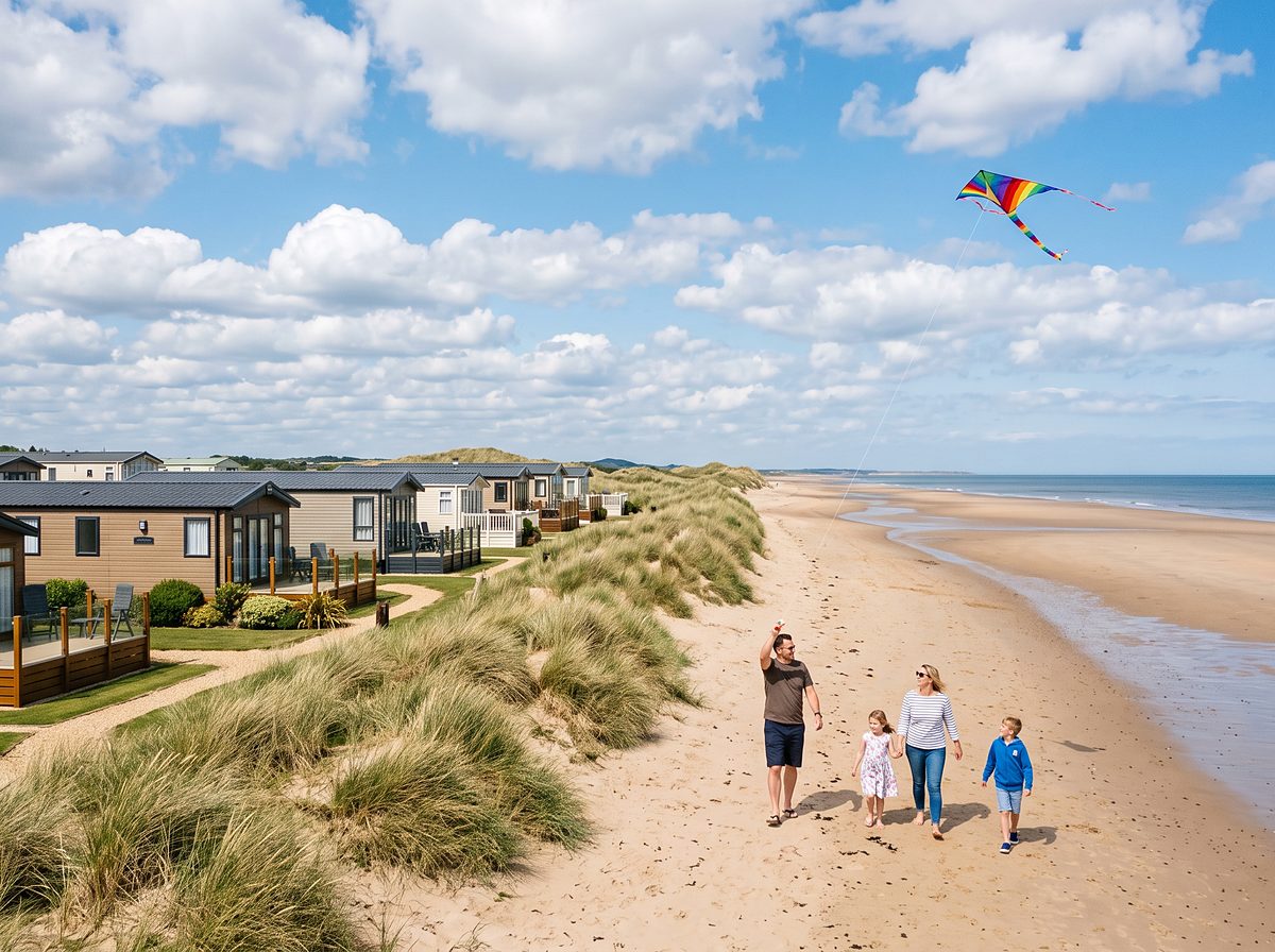 Static caravans behind the sand dunes of a Lincolnshire beach
