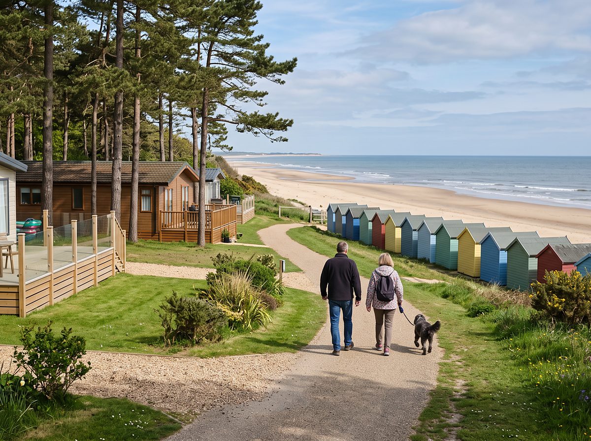 Holiday park in the pine woods by colourful beach huts on the Norfolk coast