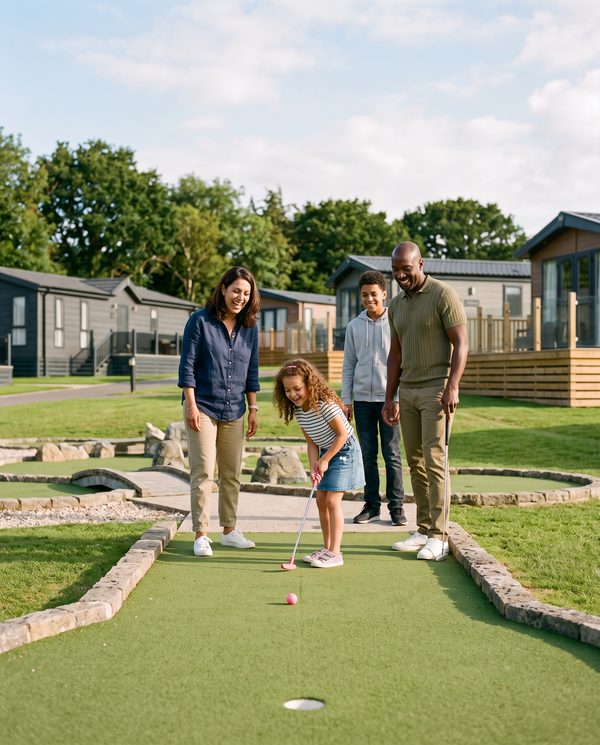 Family playing mini golf at a holiday park on a sunny afternoon