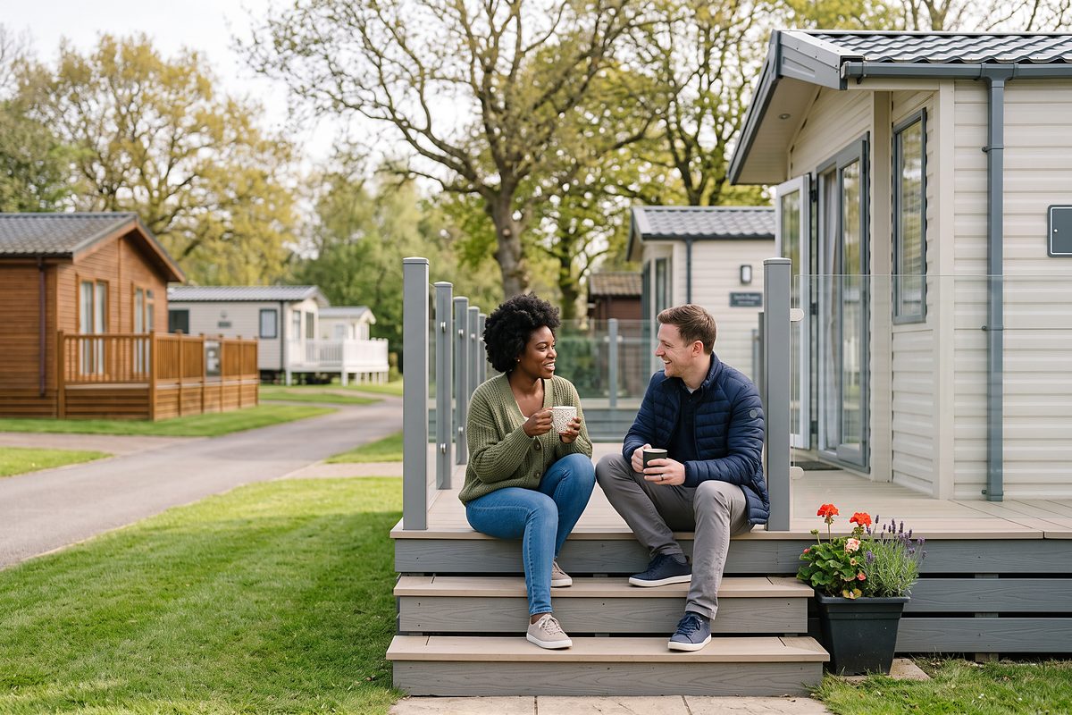 Couple drinking tea on the decking steps of a static caravan at a holiday park