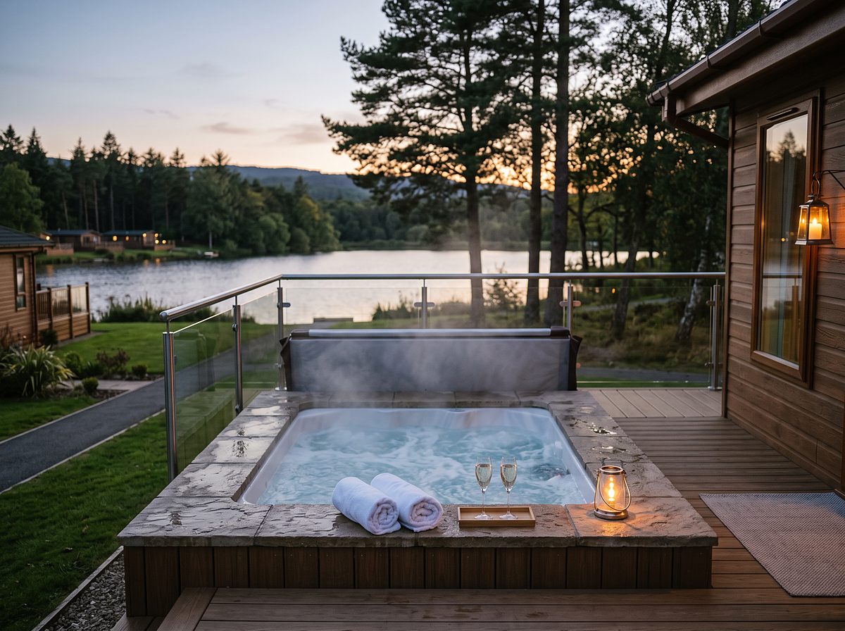 Steaming hot tub on the deck of a holiday park lodge by a lake at dusk