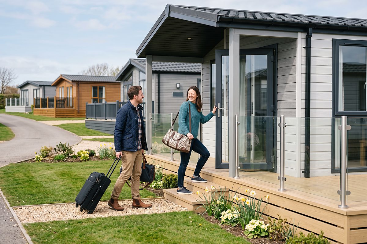 Couple arriving with their bags at a modern holiday home on a UK holiday park