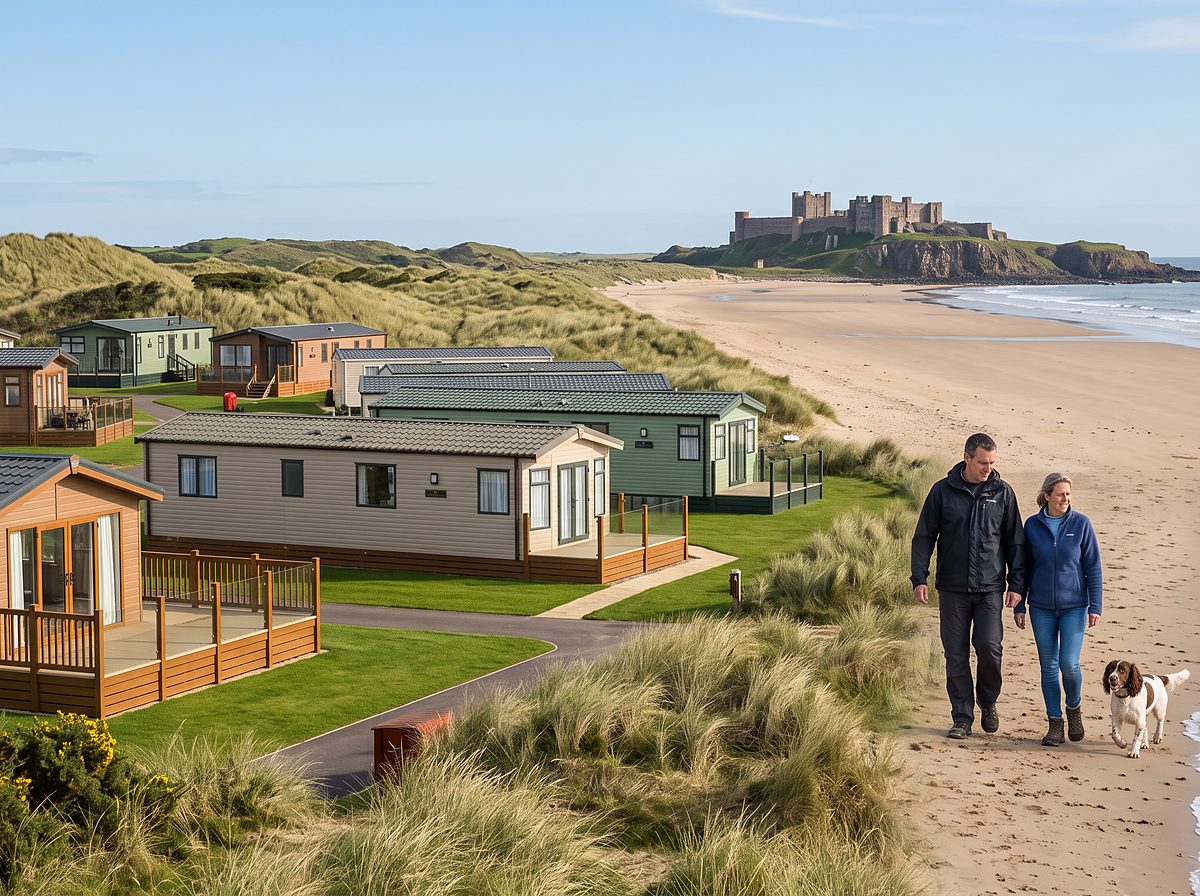 Caravans in the dunes on the Northumberland coast with a castle on the horizon