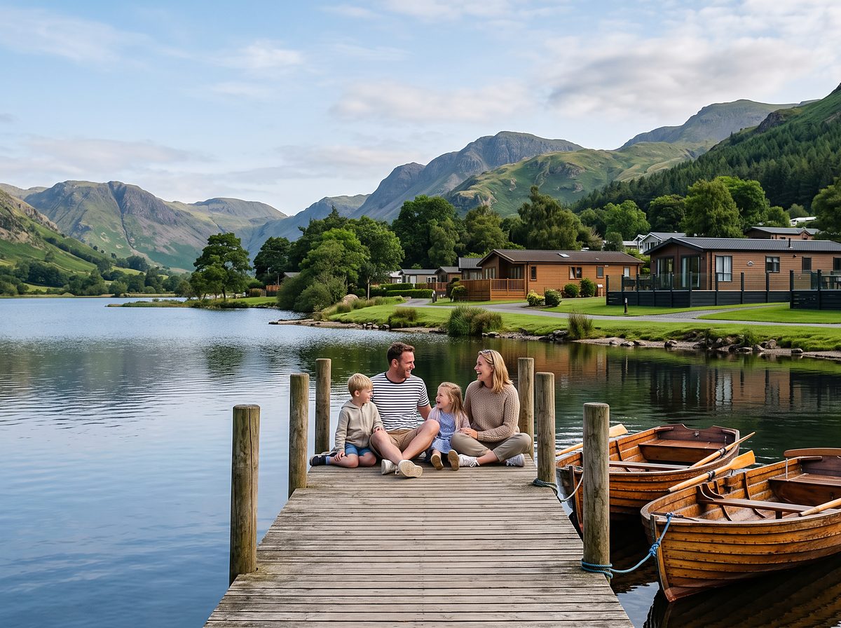Lakeside holiday park with a wooden jetty and rowing boats in the Lake District