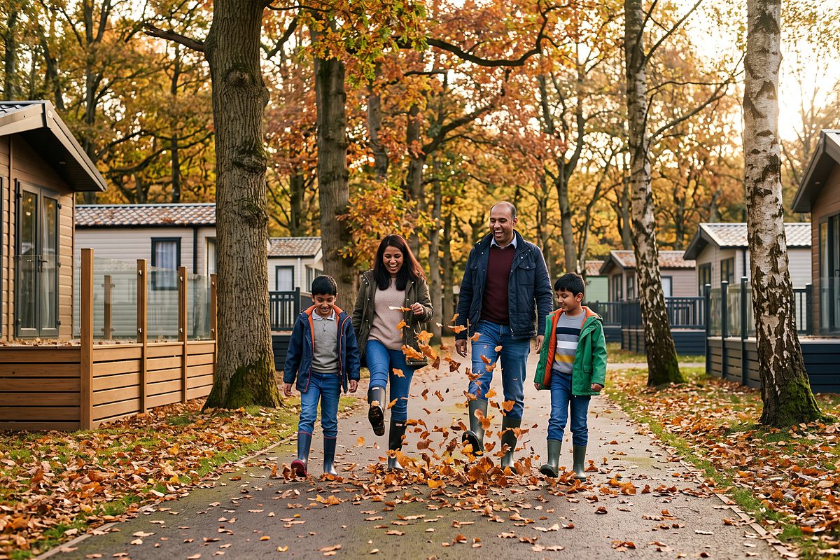 Family in wellies and raincoats walking past static caravans at a holiday park in October half term