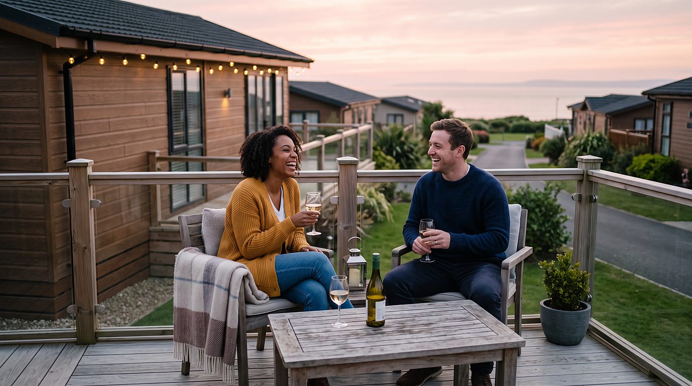 Couple sharing a glass of wine on the deck of a holiday home by the sea at dusk