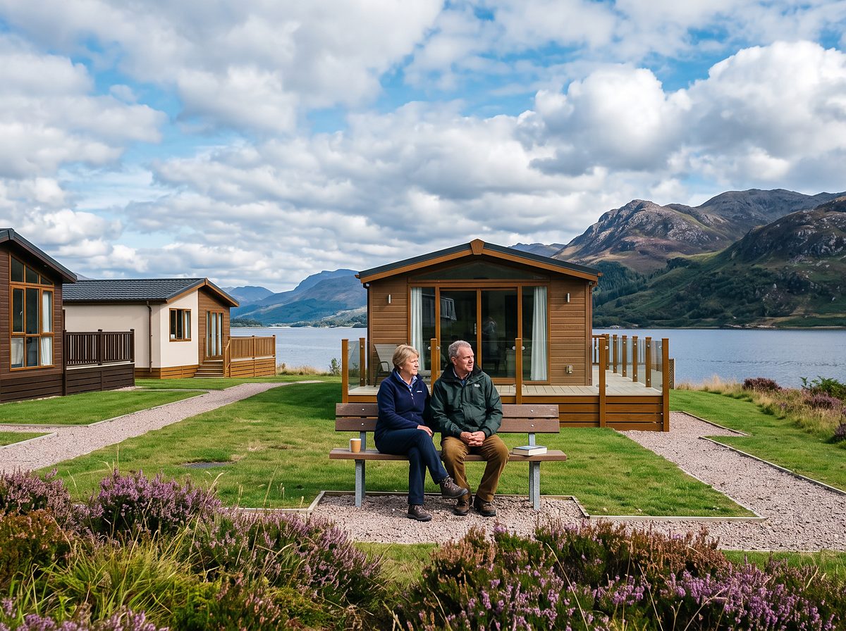 Holiday homes beside a Scottish sea loch with heather and Highland mountains