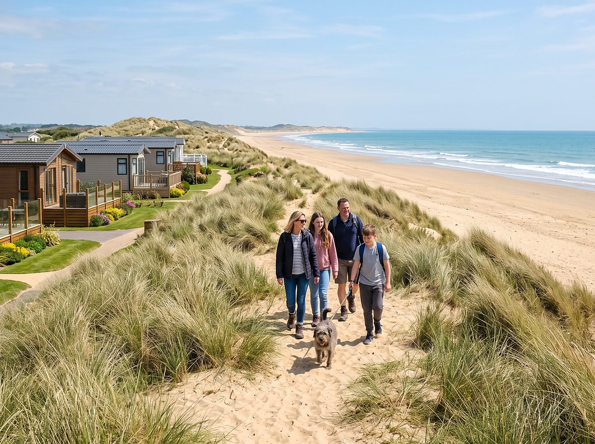 Static caravans behind the sand dunes of a wide south coast beach
