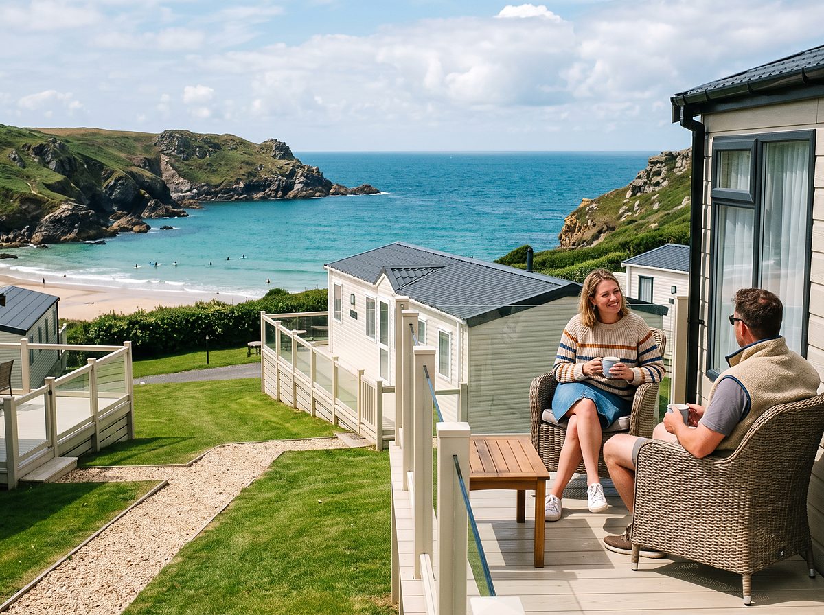 Static caravans on a hillside above a turquoise Cornish cove
