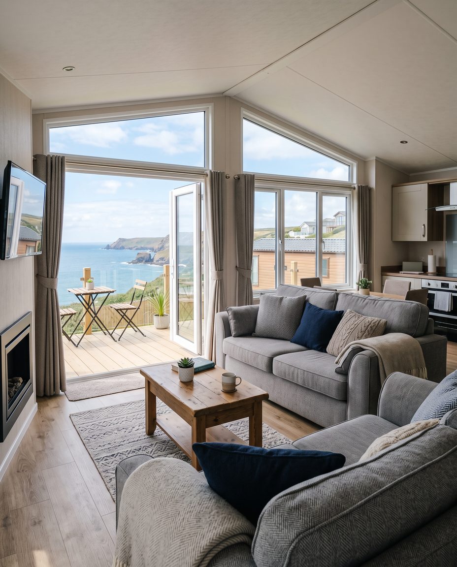Bright modern static caravan lounge with French doors open onto a decking with a sea view