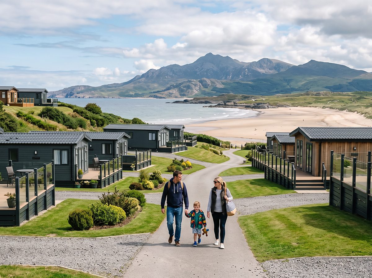 Holiday park above a sandy bay with the mountains of Snowdonia behind, Wales