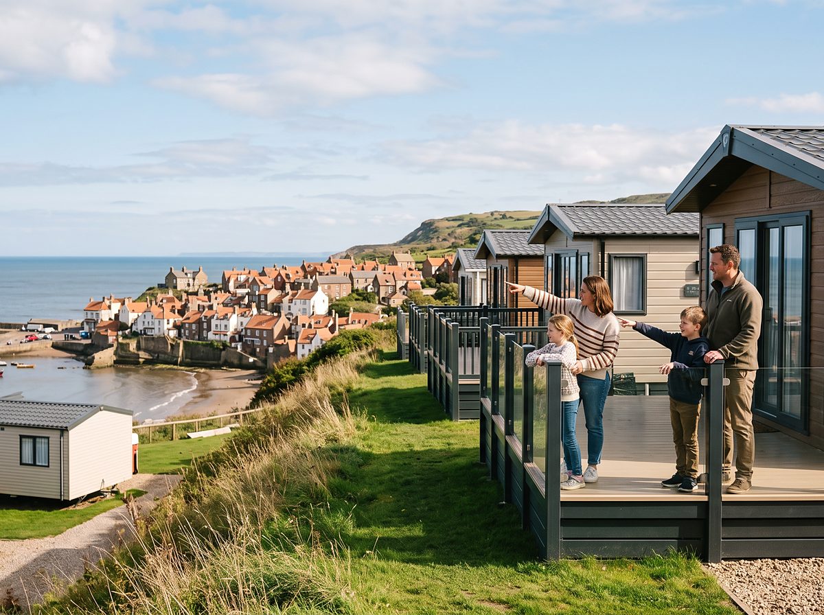 Clifftop caravans above a red-roofed fishing village and harbour on the Yorkshire coast